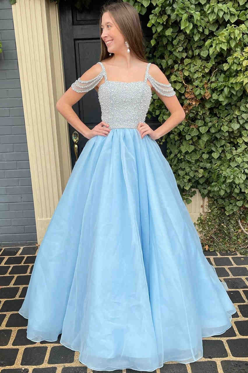 Cold Shoulder Light Blue Beaded Long Formal Dress