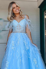 Cold Shoulder Light Blue Lace Corset Long Prom Dress with Feathers