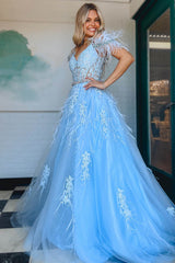 Cold Shoulder Light Blue Lace Corset Long Prom Dress with Feathers