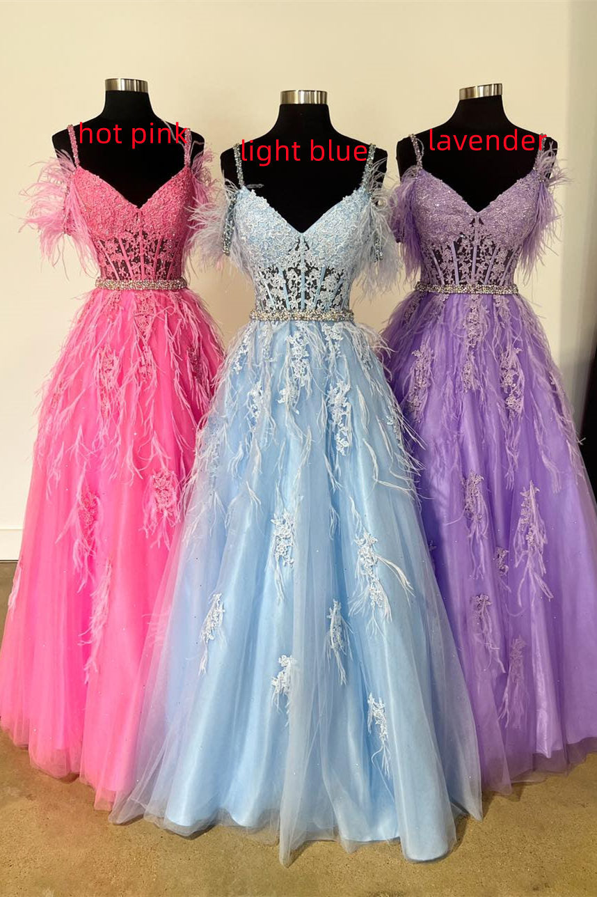 Cold Shoulder Light Blue Lace Corset Long Prom Dress with Feathers