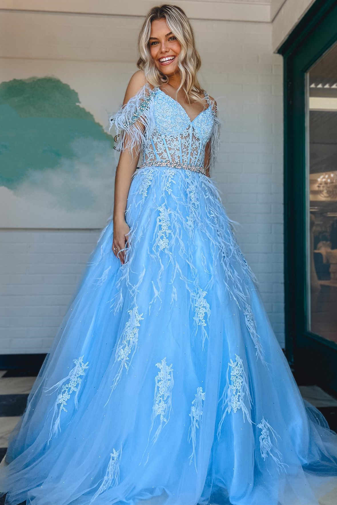 Cold Shoulder Light Blue Lace Corset Long Prom Dress with Feathers