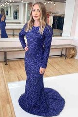 Crew Neck Blue Sequins Mermaid Prom Dress with Long Sleeves