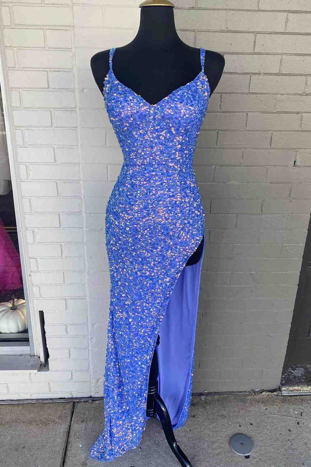 Criss Cross Back Periwinkle Prom Dress with High Slit