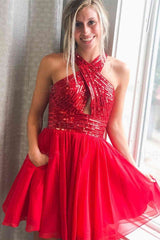 Cross Front Top Red Sequined Homecoming Dress