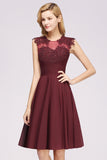 Cute Chiffon Round Neck Short Burgundy Bridesmaid Dresses with Appliques-27dress