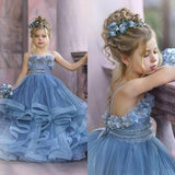 Cute Dusty Blue Long Strapless Princess Tulle Flower Girl Dresses-27Dress