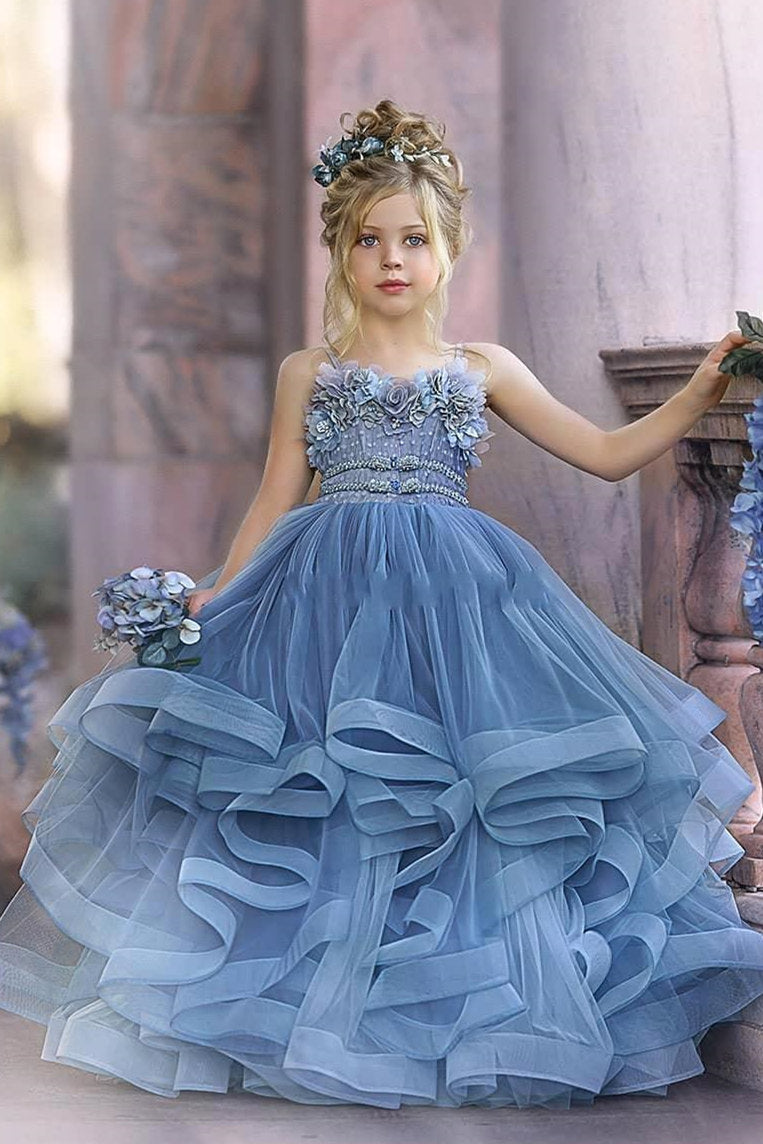 Cute Dusty Blue Long Strapless Princess Tulle Flower Girl Dresses-27Dress