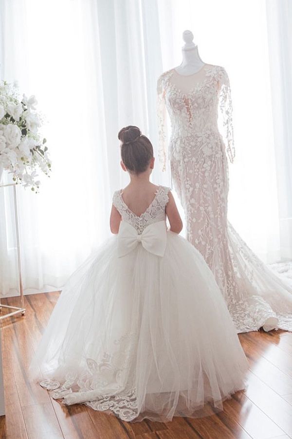 Cute Ivory Long Ball Gown Tulle Sleeveless Flower Girl Dresses-27dress