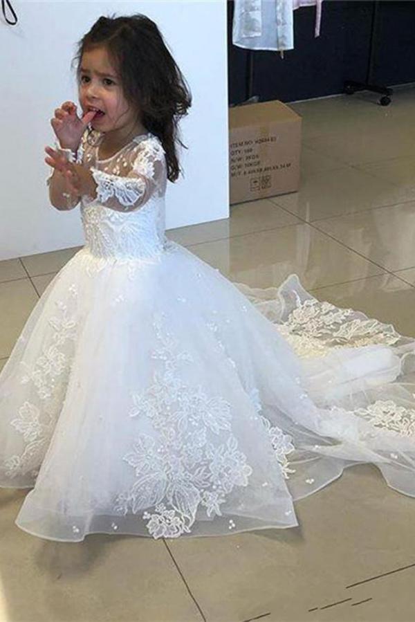 Cute Long A-line Tulle Lace Flower girl dresses with sleeves-27dress