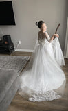 Cute Long Boho A-line Lace Tulle Flower Girl Dresses with sleeves-27dress