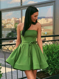 Cute Short A-line Strapless Satin Graduation Formal Prom Dresses-27Dress