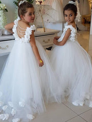 Cute Tulle Appliques Backless Flower Girl Dresses with Pearls-27dress