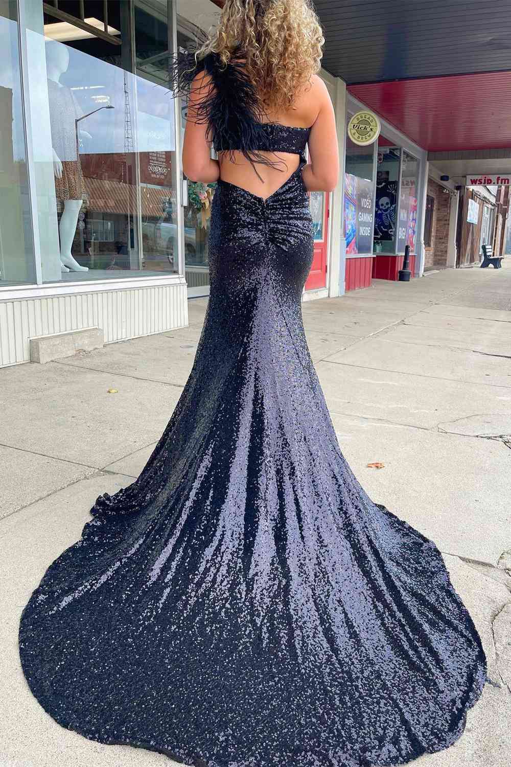 Cutout Light Blue One Shoulder Feathers Long  Prom Dress