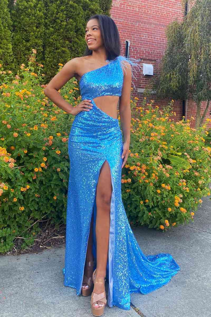 Cutout Light Blue One Shoulder Feathers Long  Prom Dress