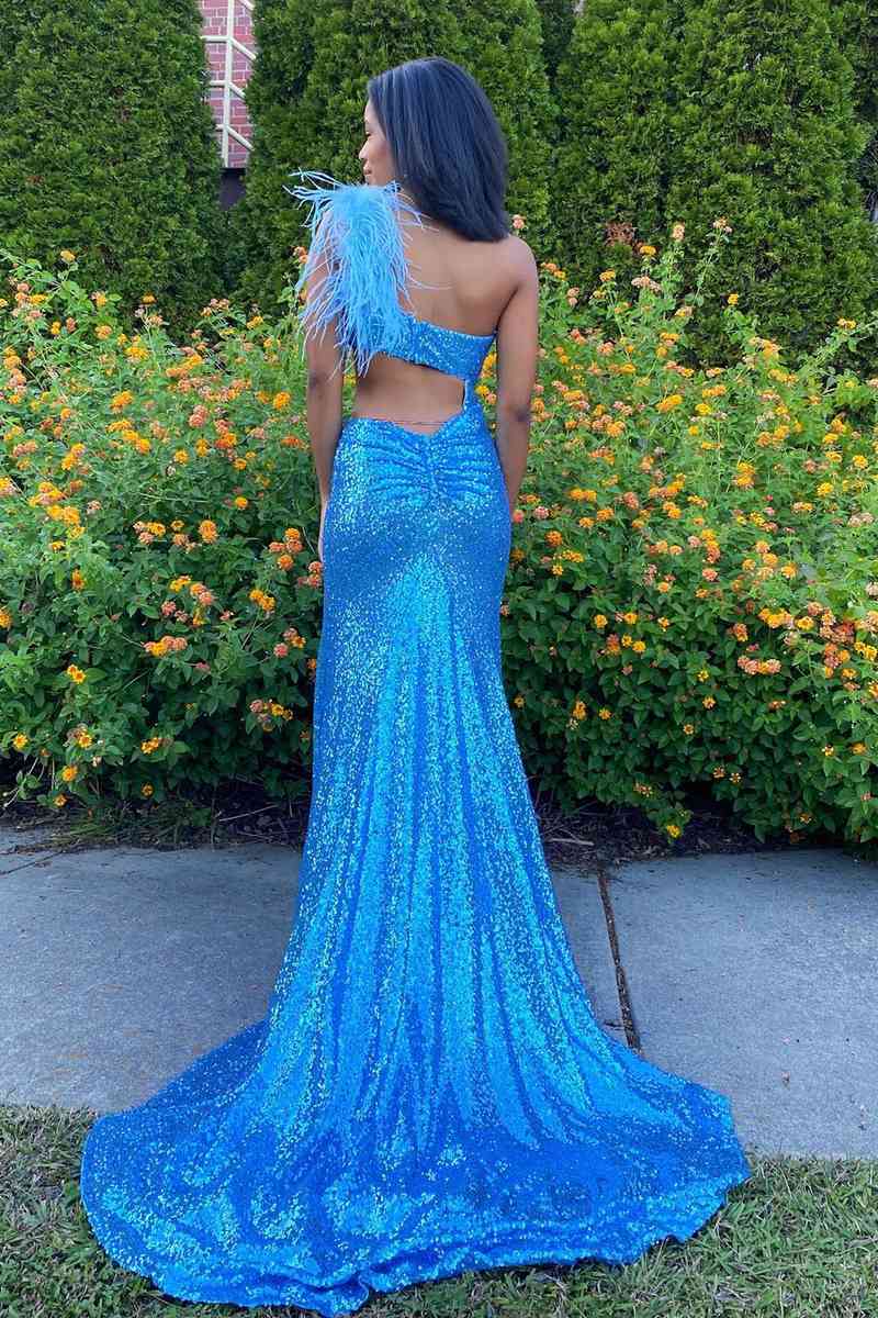 Cutout Light Blue One Shoulder Feathers Long  Prom Dress