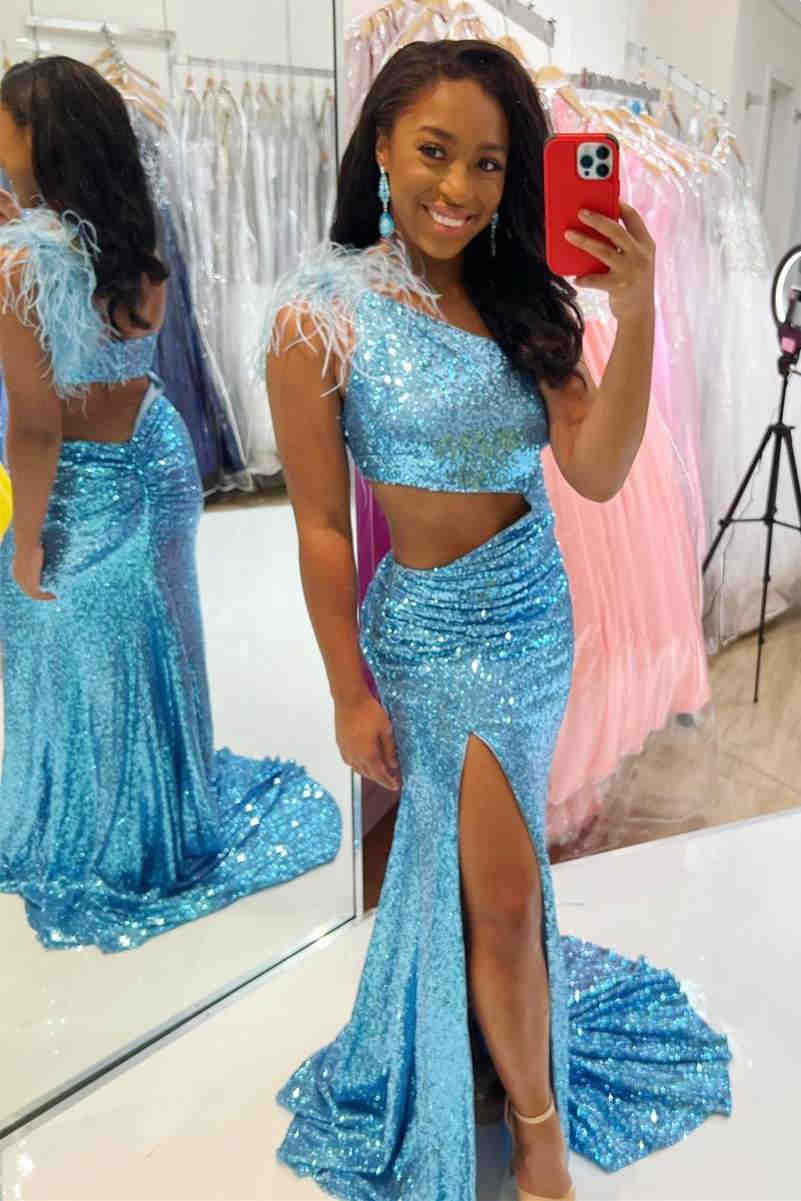 Cutout Light Blue One Shoulder Feathers Long  Prom Dress