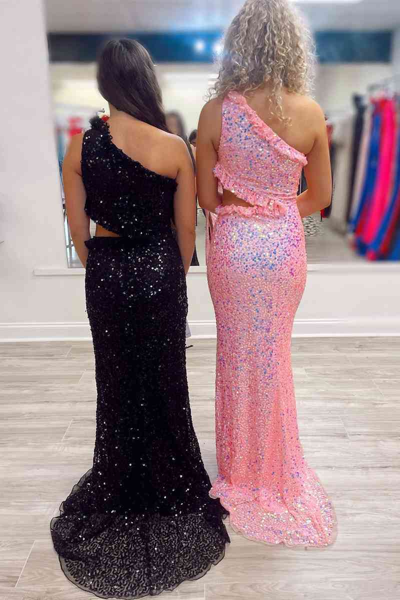 Cutout One Shoulder Black Sequins Long Party Dress