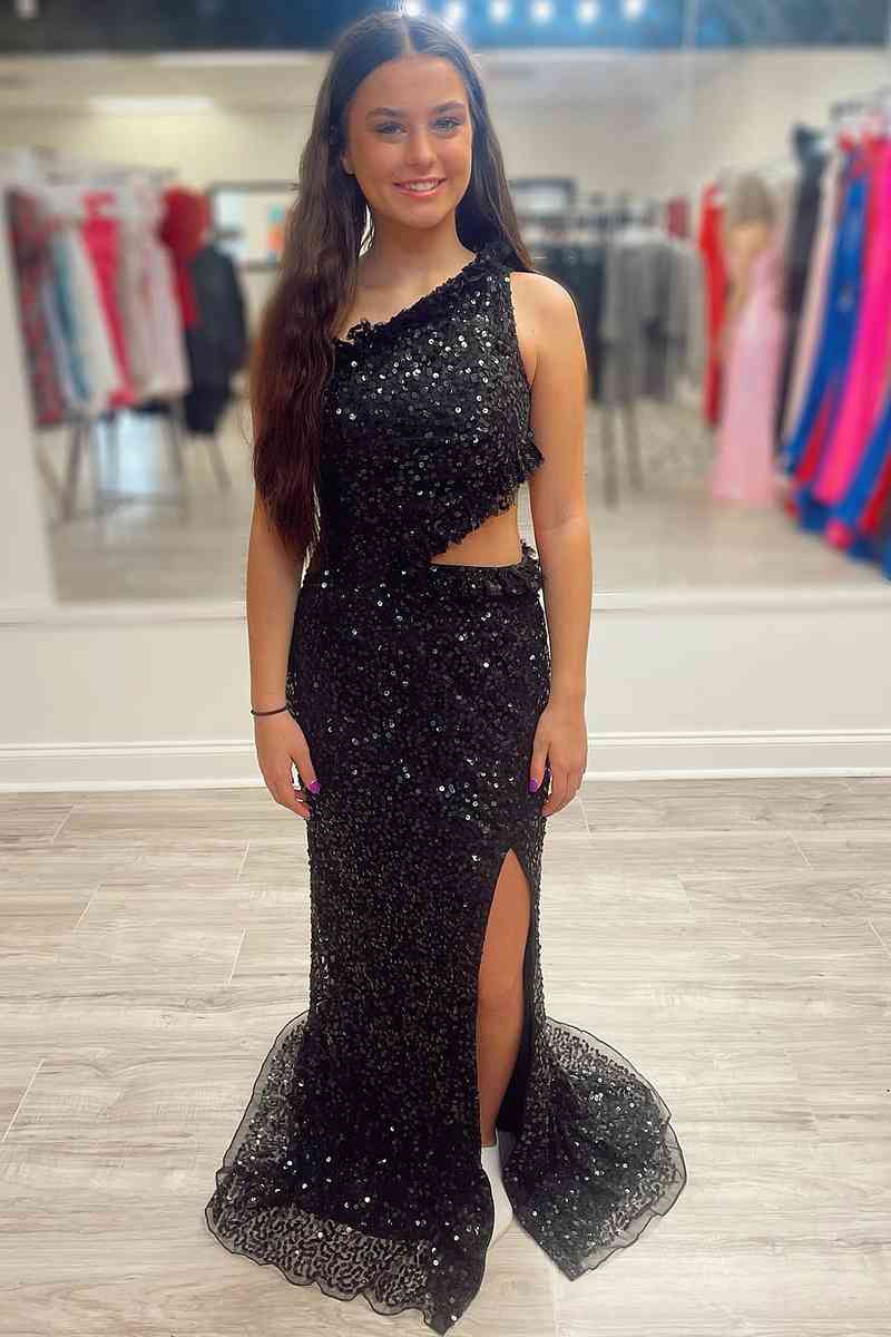 Cutout One Shoulder Black Sequins Long Party Dress