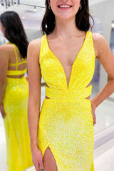 Cutout Yellow Sequins V-Neck Long Prom Dress with Slit