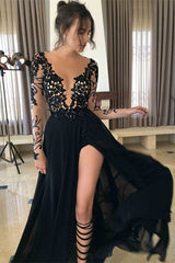 Black Long Sleeves Evening Dress with Split