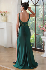 Dark Green Crew Neck Mermaid Long Prom Dress with Lace Applique-27dress