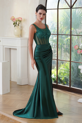 Dark Green Crew Neck Mermaid Long Prom Dress with Lace Applique-27dress