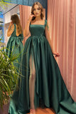 Dark Green Long A-line Satin Front Slit Open Back Prom Dress With Bow-27Dress