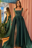 Dark Green Long A-line Satin Front Slit Open Back Prom Dress With Bow-27Dress