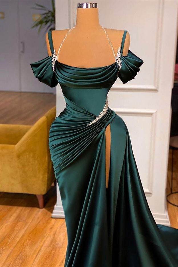 Dark Green Long Off-the-Shoulder Mermaid Prom Dress with Slit-27Dress