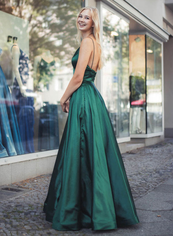 Dark Green V-Neck Satin Floor-Length Prom Dress With Pleated A-Line Silhouette-27dress
