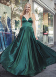 Dark Green V-Neck Satin Floor-Length Prom Dress With Pleated A-Line Silhouette-27dress