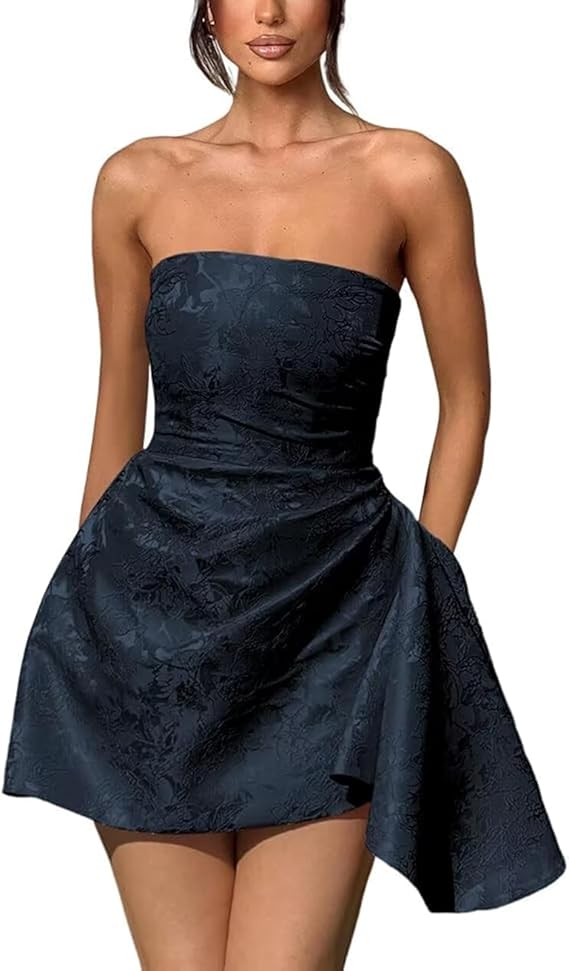 Short A-line Strapless Sleeveless Asymmetrical Lace up Jacquard Satin Homecoming Dress