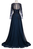 Dark Navy Long A-line Jewel Tulle Formal Evening Dresses with Sleeves-27Dress