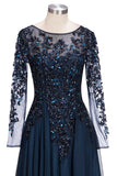 Dark Navy Long A-line Jewel Tulle Formal Evening Dresses with Sleeves-27Dress