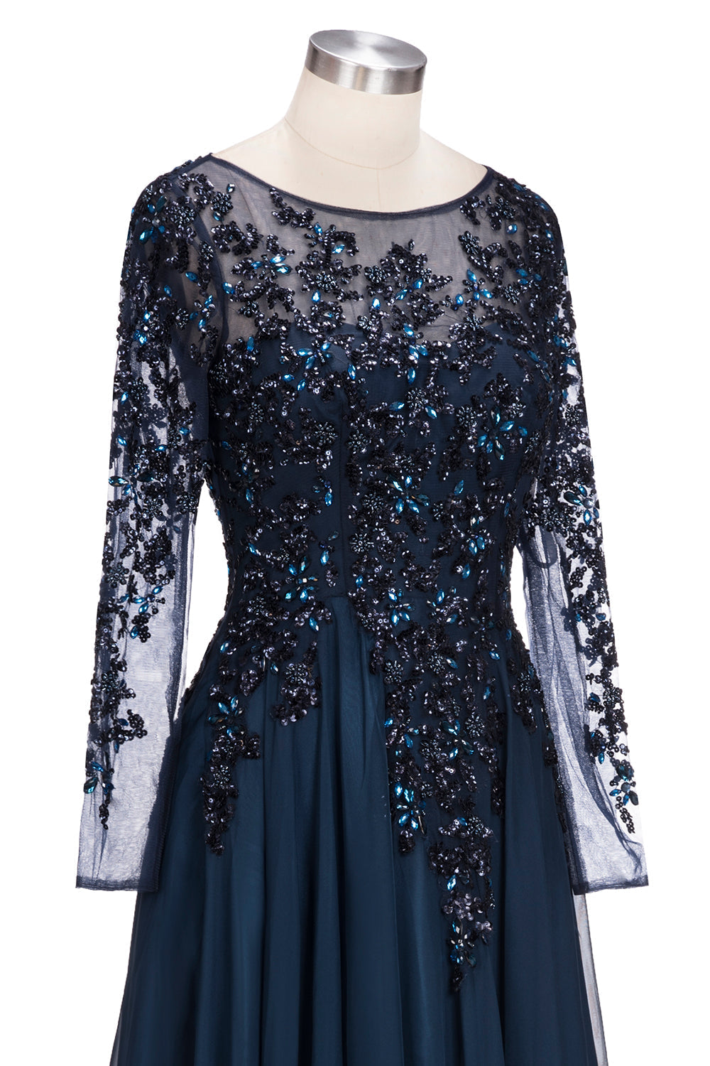 Dark Navy Long A-line Jewel Tulle Formal Evening Dresses with Sleeves-27Dress