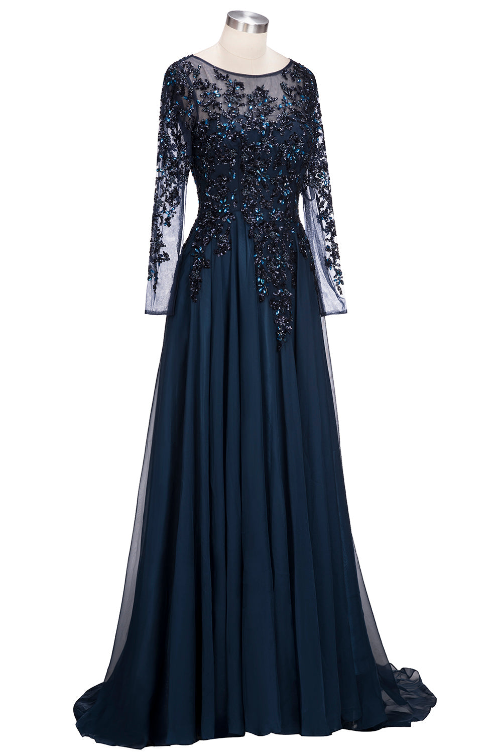 Dark Navy Long A-line Jewel Tulle Formal Evening Dresses with Sleeves-27Dress