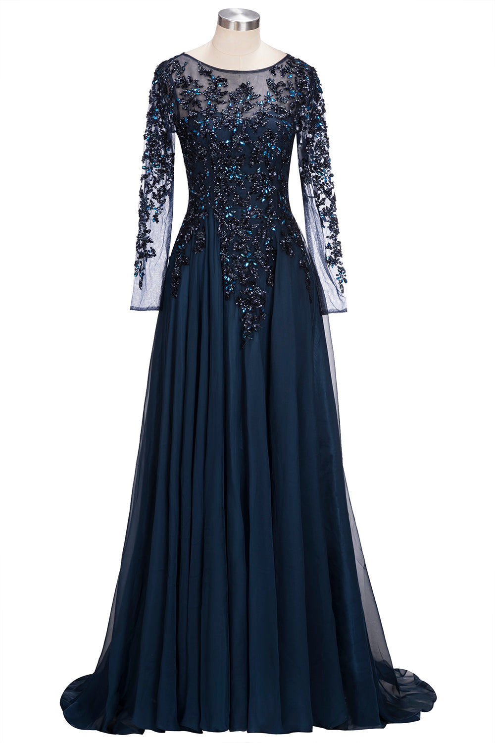 Dark Navy Long A-line Jewel Tulle Formal Evening Dresses with Sleeves-27Dress