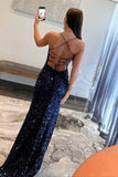 Navy Blue Long Strapless Sequin Backless Mermaid Prom Dress with Slit-27dress