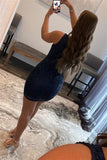 Dark Navy One Shoulder Beading Tight Homecoming Dress