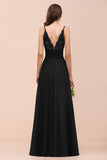 Deep V Neck Spaghetti Straps Slit Long Black Bridesmaid Dress-27dress