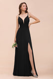 Deep V Neck Spaghetti Straps Slit Long Black Bridesmaid Dress-27dress