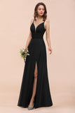 Deep V Neck Spaghetti Straps Slit Long Black Bridesmaid Dress-27dress