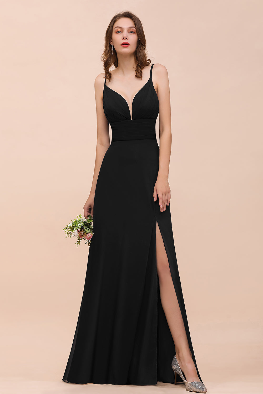 Deep V Neck Spaghetti Straps Slit Long Black Bridesmaid Dress-27dress