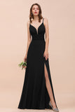 Deep V Neck Spaghetti Straps Slit Long Black Bridesmaid Dress-27dress