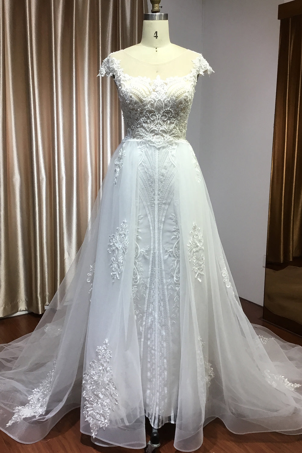 Detachable Lace Mermaid Wedding Dress With Cap Sleeves-27dress