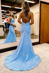 Double Straps Blue Sequin Long Mermaid Prom Dress