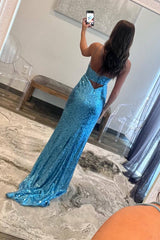 Double Straps Light Blue Cut out Sequin  Long Prom Dress