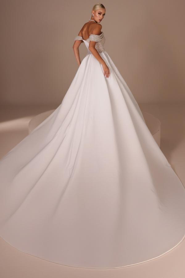 Dreamy Train Off The Shoulder Mermaid Satin Sequined Long Wedding Dress-27dress