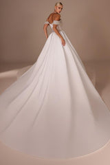 Dreamy Train Off The Shoulder Mermaid Satin Sequined Long Wedding Dress-27dress