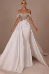 Dreamy Train Off The Shoulder Mermaid Satin Sequined Long Wedding Dress-27dress